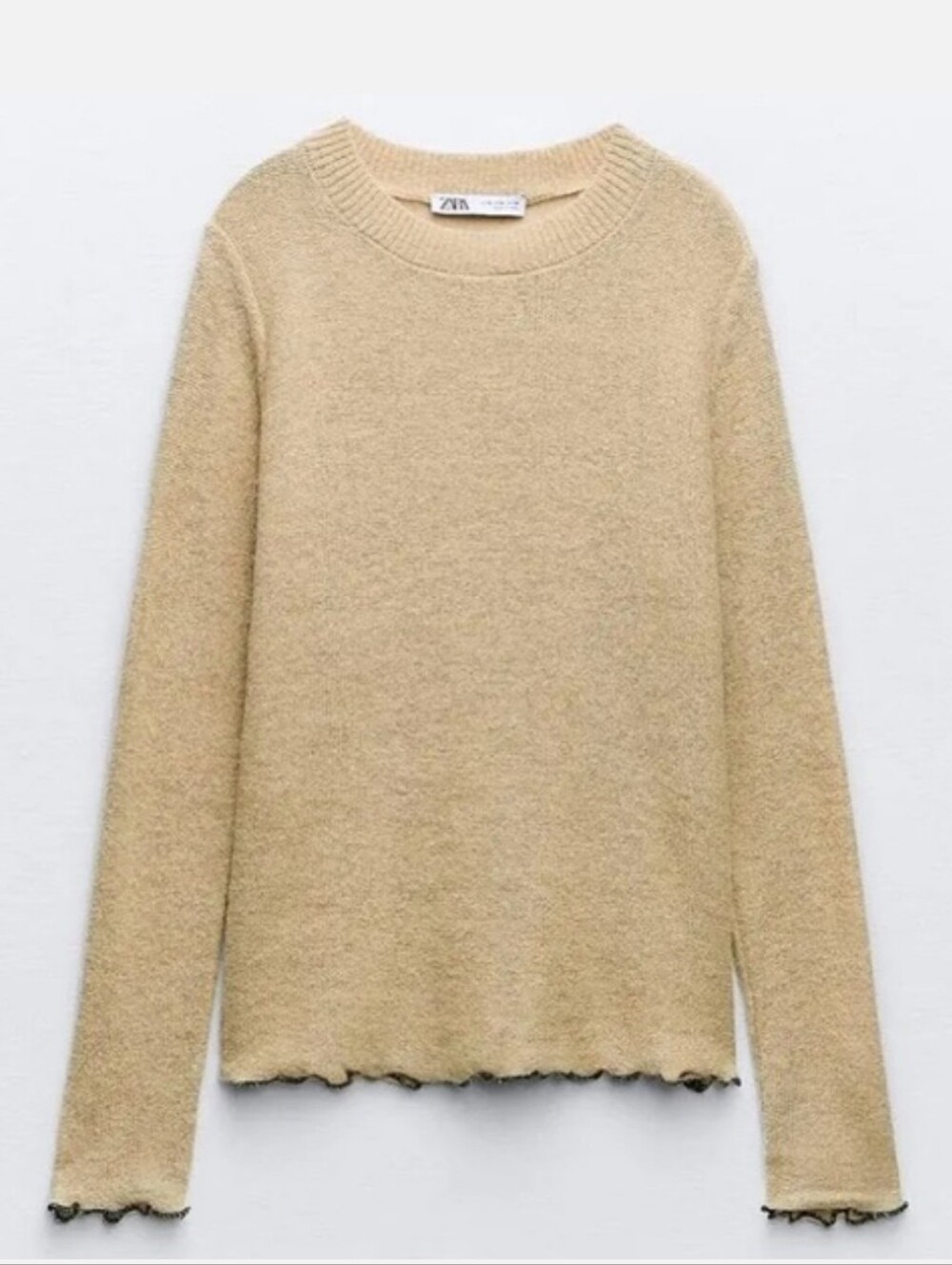 ZARA Lettuce Hem Lightweight Slouchy Knit Sweater Tan S NWT